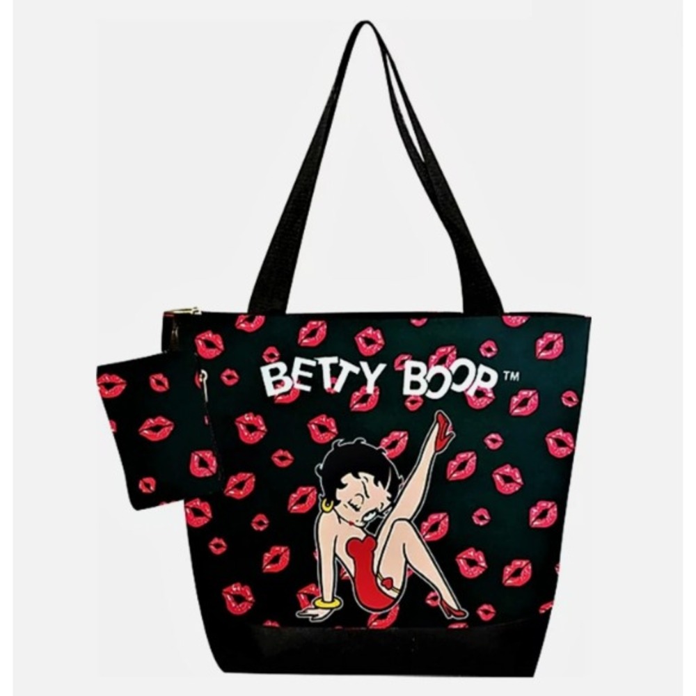 Betty Boop Smooches Red Lips Black Tote Bag Coin Purse NWT